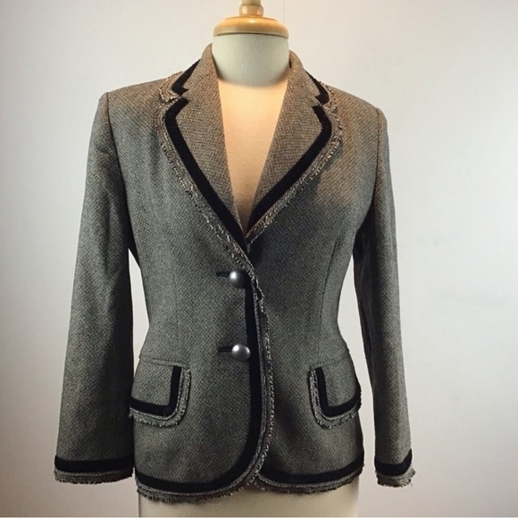 Banana Republic vintage gray mini herringbone velvet trimmed tweed blazer size 8 - Picture 1 of 14